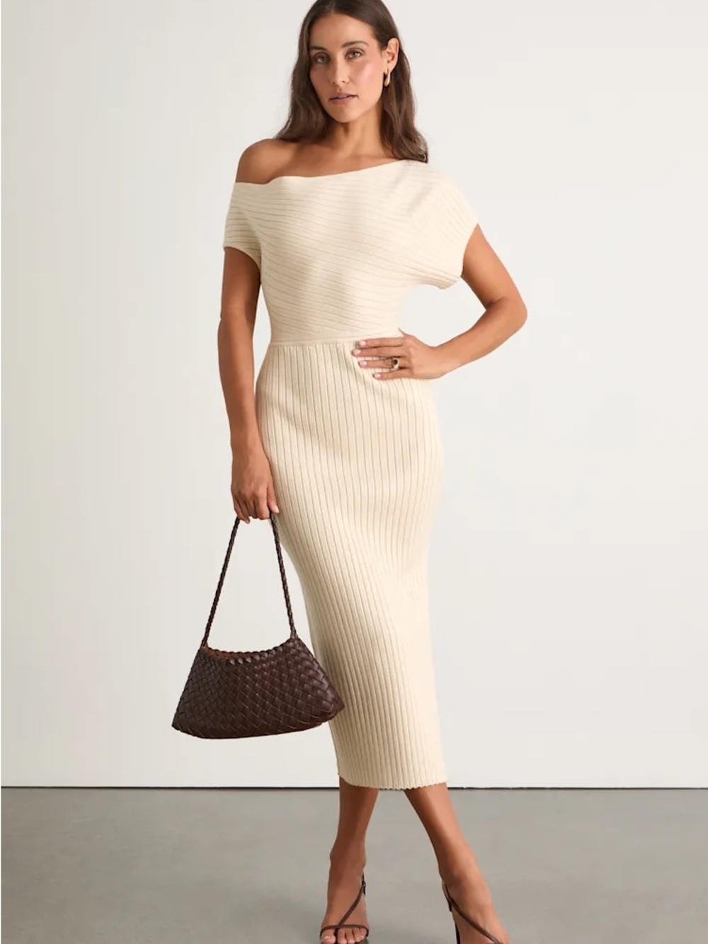 Lulus Brady Cream Ribbed Off-the-Shoulder Sweater Midi Dress — Size M
